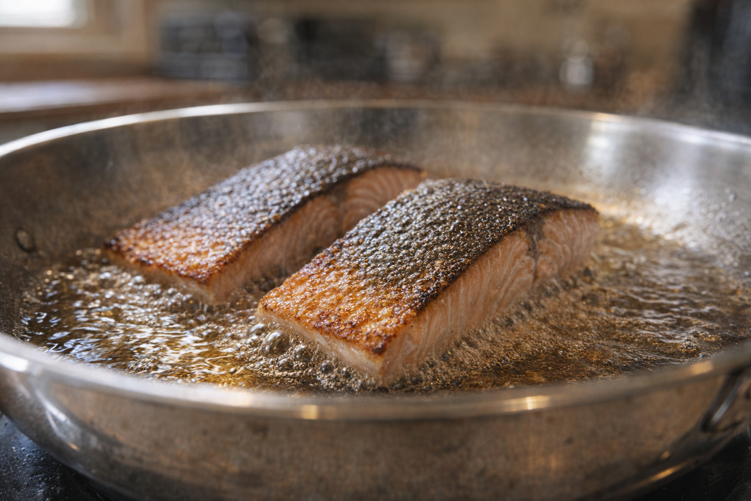 An action shot of salmon fillets cooking skin-side down in a stainless steel skillet, oil sizzling around the edges, skin turning golden brown